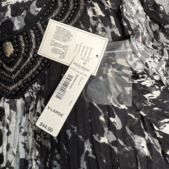 Bisou Bisou Beaded Tunic Womens Size XL Black White Sheer Scoop Neck Top NEW - Picture 8 of 9
